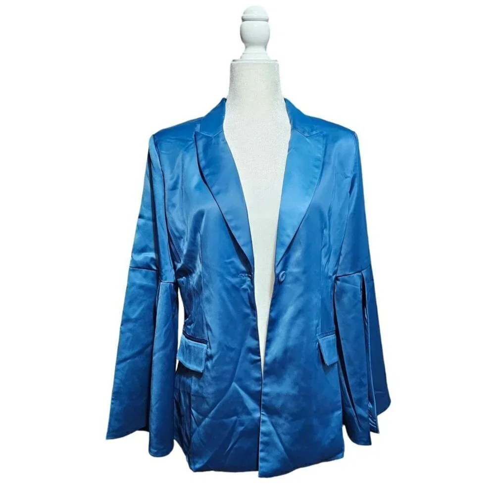 Kyle x Shahida designer blue silk long jacket blazer long slit sleeves size M - Picture 6 of 12